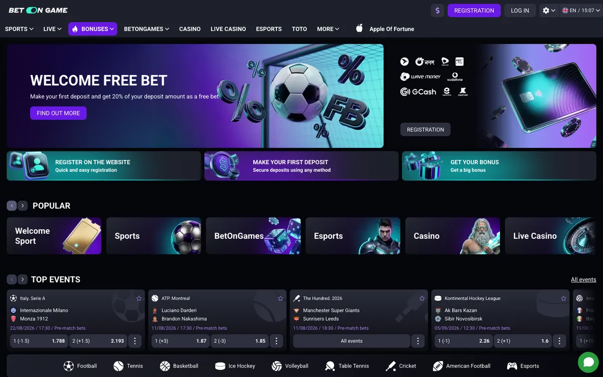 BetOnGame Casino — Home page, captured from Portugal