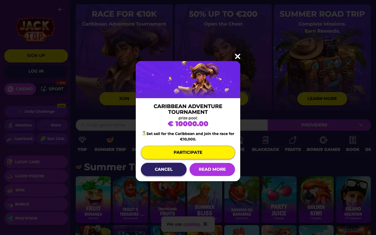Jacktop Casino — Home page, captured from France