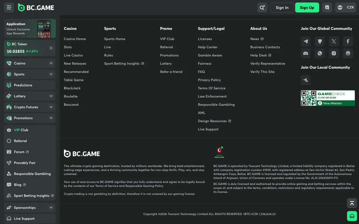 BC.Game Casino — Home page, captured from Czechia