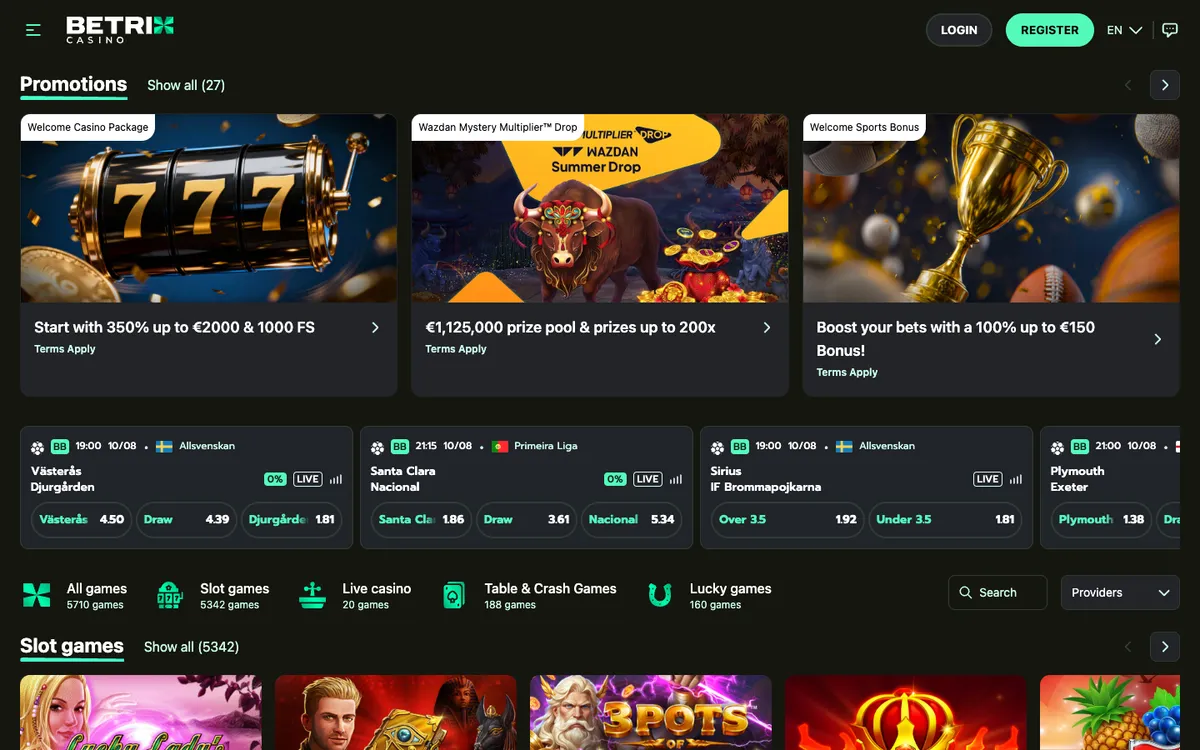 Betrix Casino — Home page, captured from Belgium