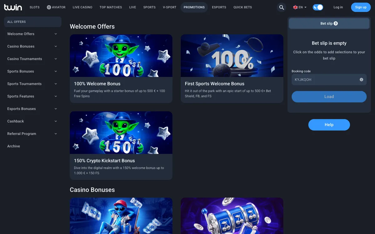 Twin Casino — Promotions, captured from Belgium