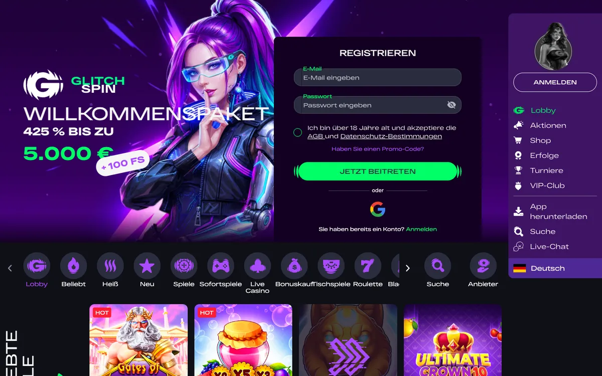 Glitchspin Casino — «Главная», снято из страны Австрия