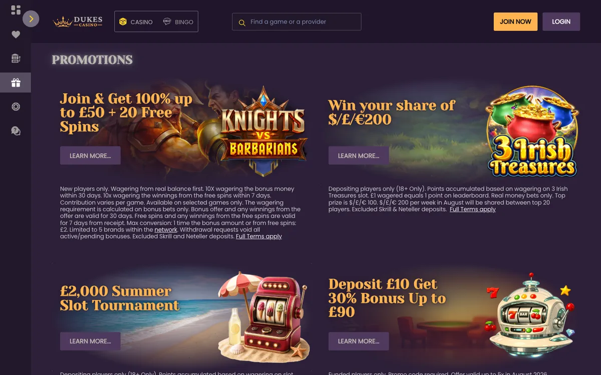Dukes Casino — Promotions, captured from United Kingdom