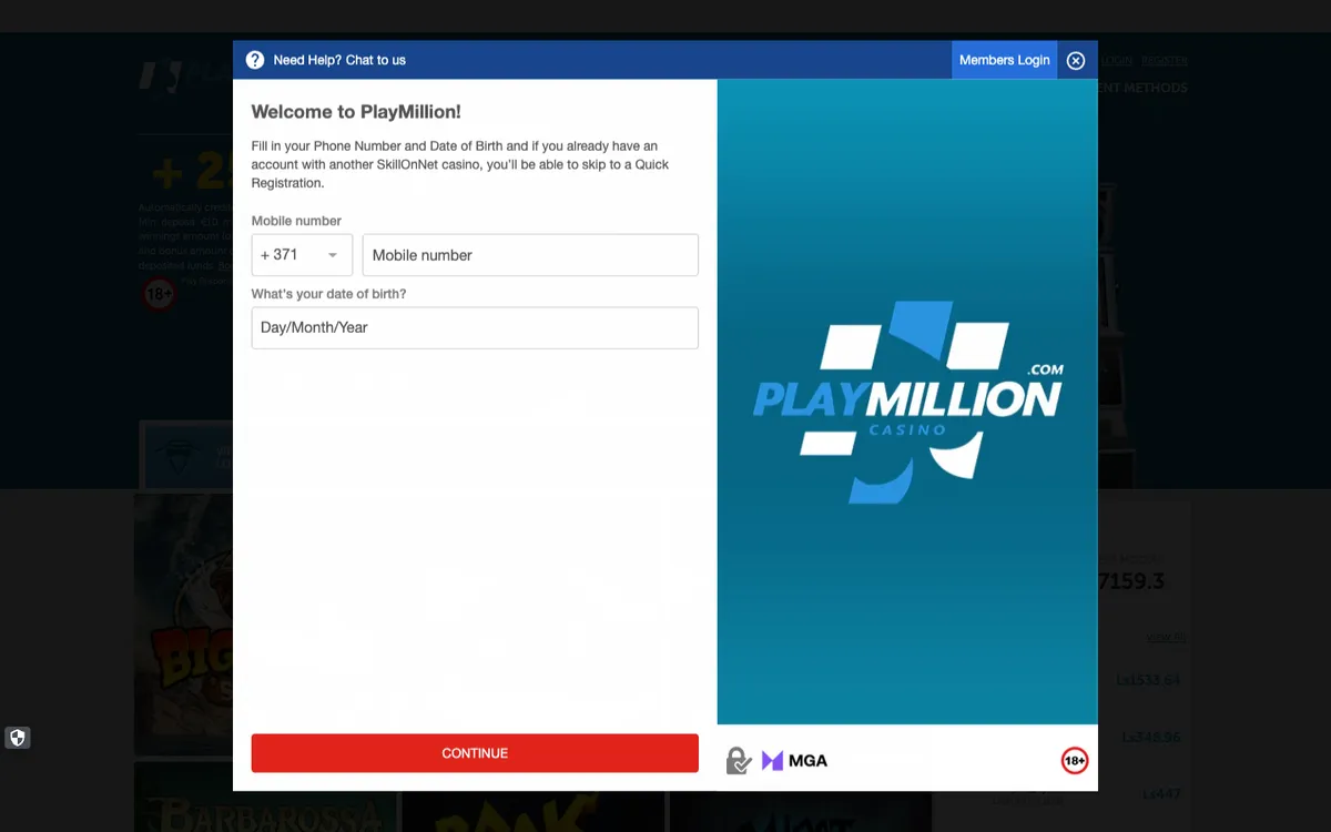 Play Million Casino — «Регистрация», снято из страны Латвия