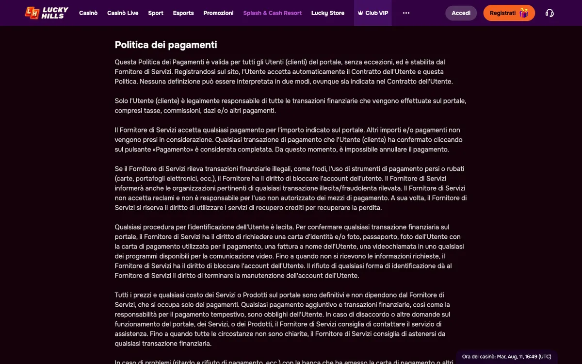 LuckyHills Casino — Payments, captured from Italy