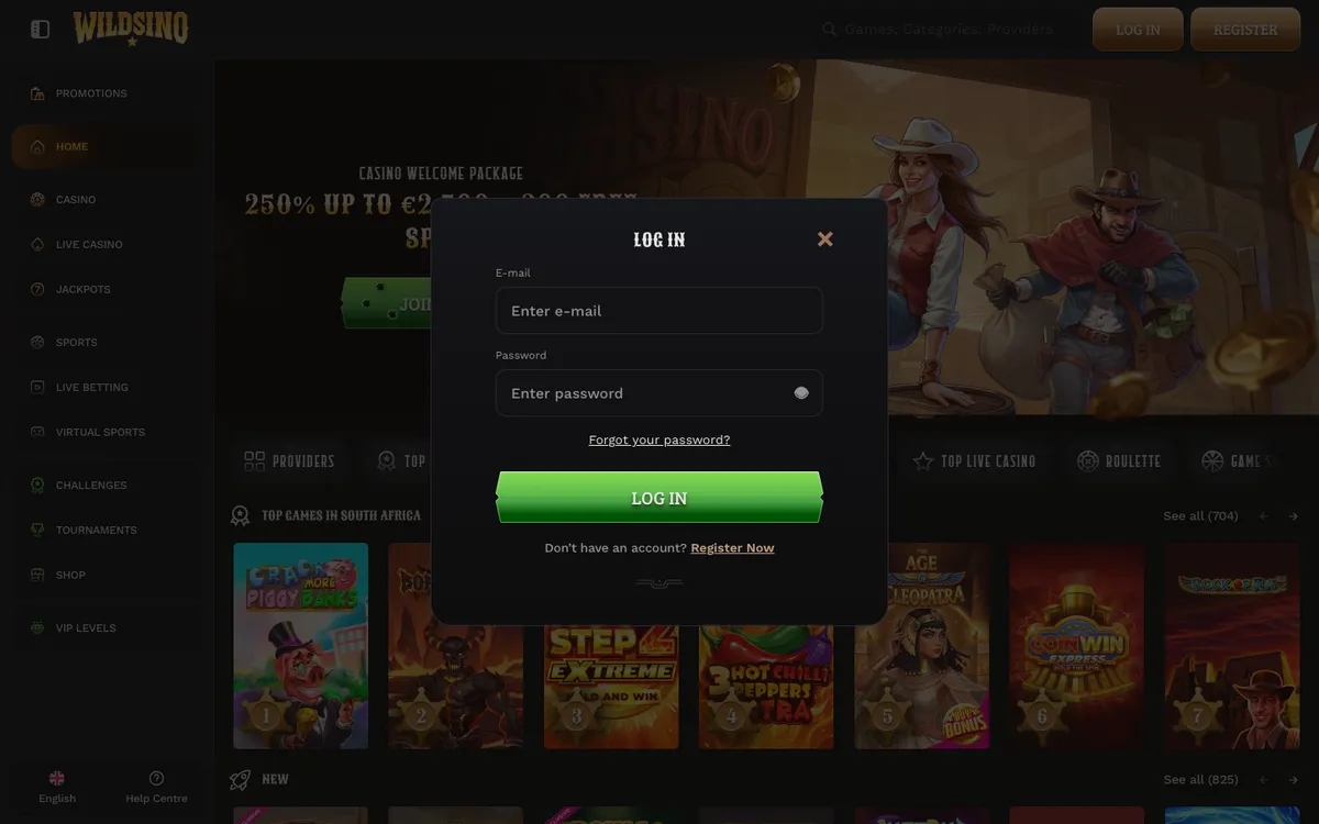Wildsino Casino — Sign-up, captured from South Africa