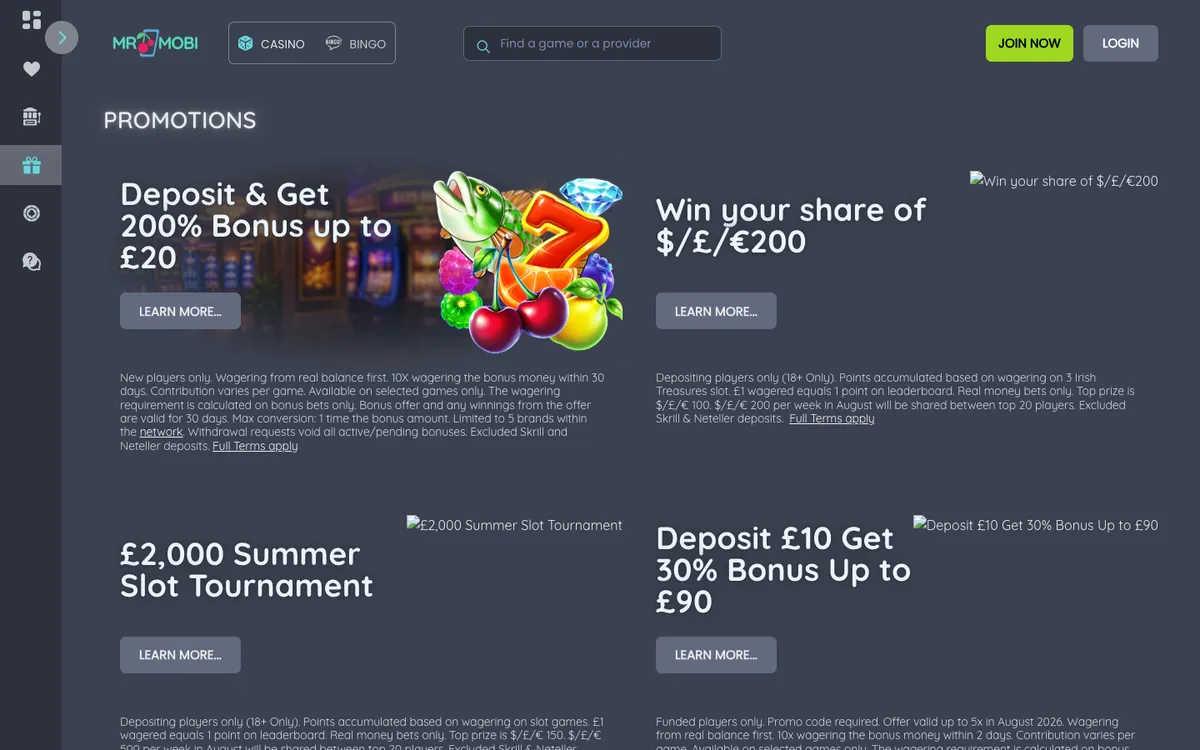 Mr Mobi Casino — «Акции», снято из страны Великобритания