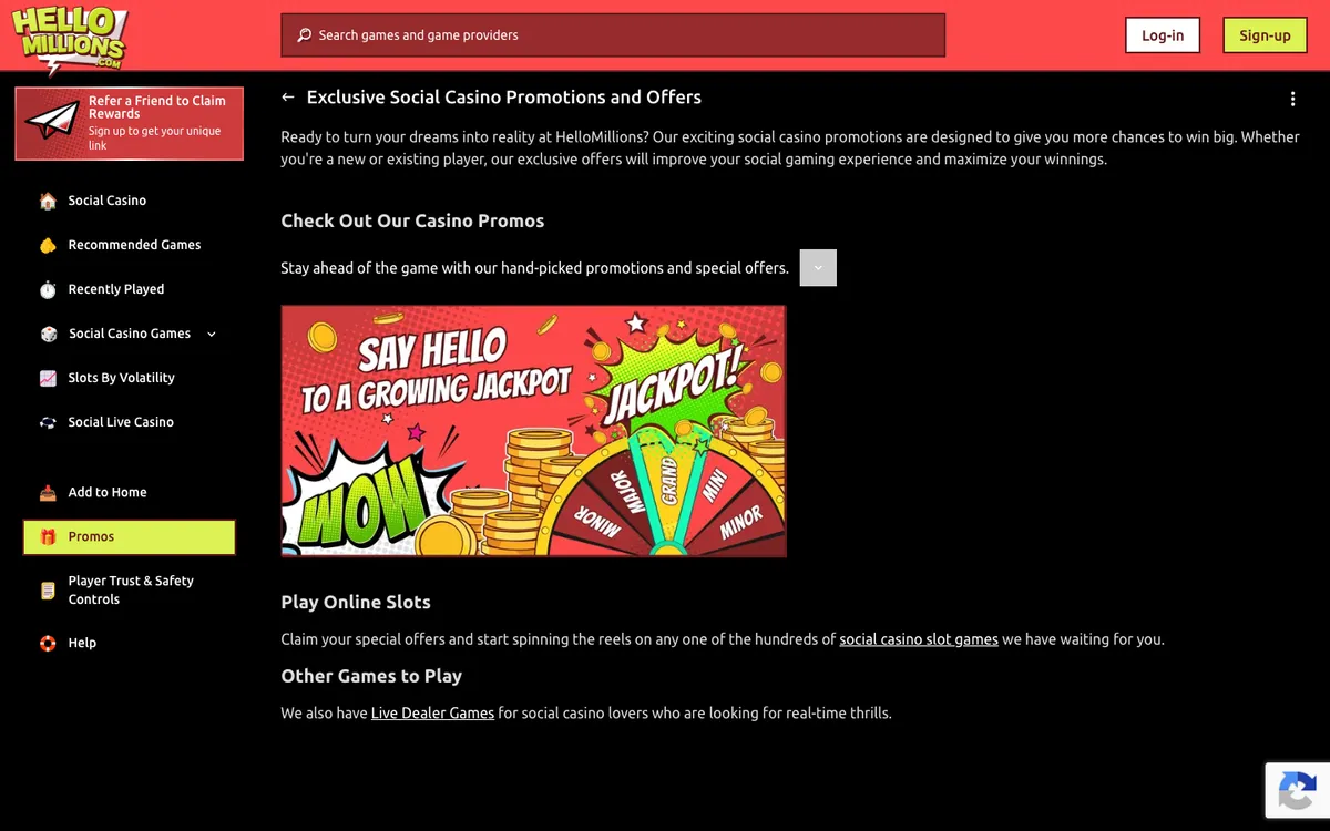 Hello Millions Casino — Promotions, captured from United States