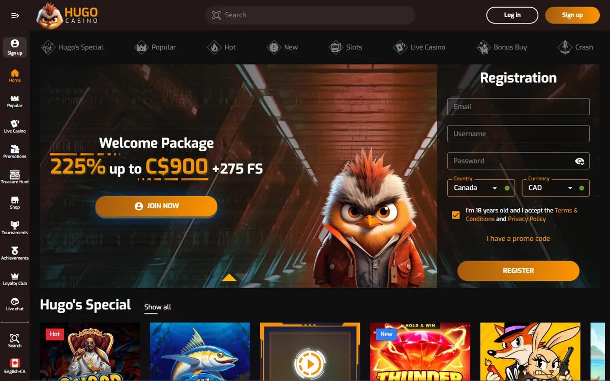 Hugo Casino — Home page, captured from Canada