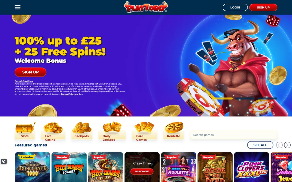 PlayToro Casino — Home page, captured from United Kingdom