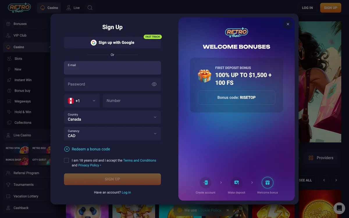 Retro Bet Casino — Sign-up, captured from Canada