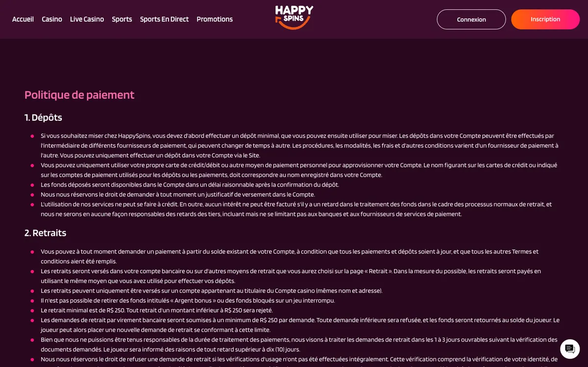 HappySpins Casino — «Платежи», снято из страны Франция