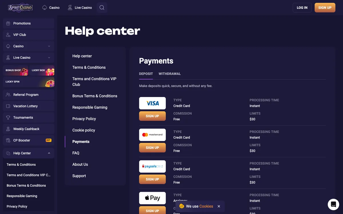 Spirit Casino — Payments, captured from New Zealand