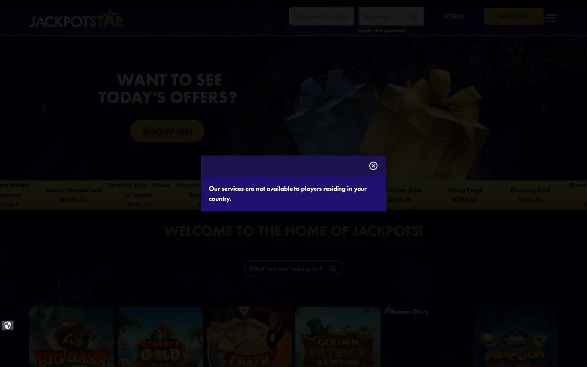 Jackpot Star Casino — «Регистрация», снято из страны Бельгия