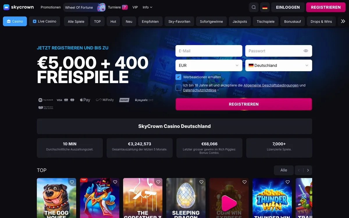 Skycrown Casino — Home page, captured from Germany