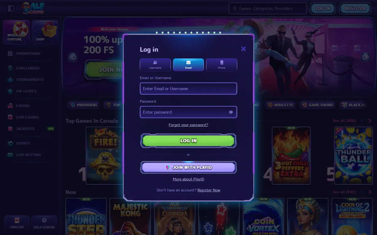 Alf Casino — Sign-up, captured from Canada
