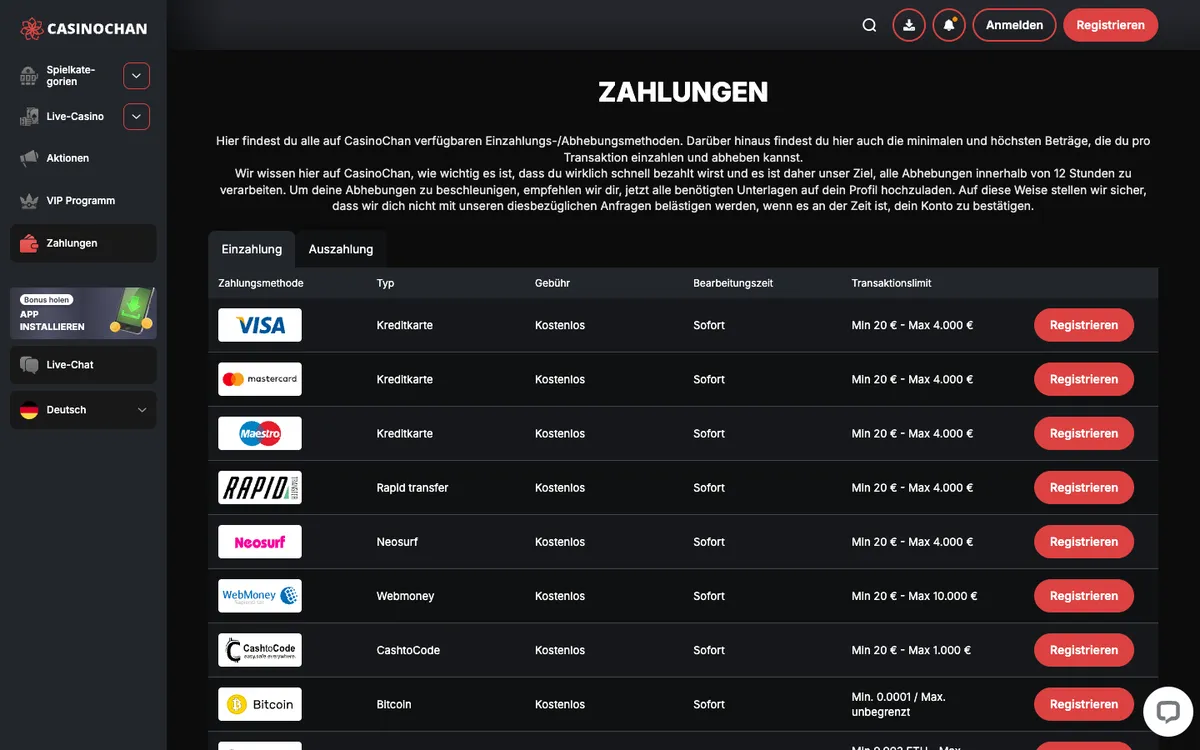 CasinoChan — Payments, captured from Germany