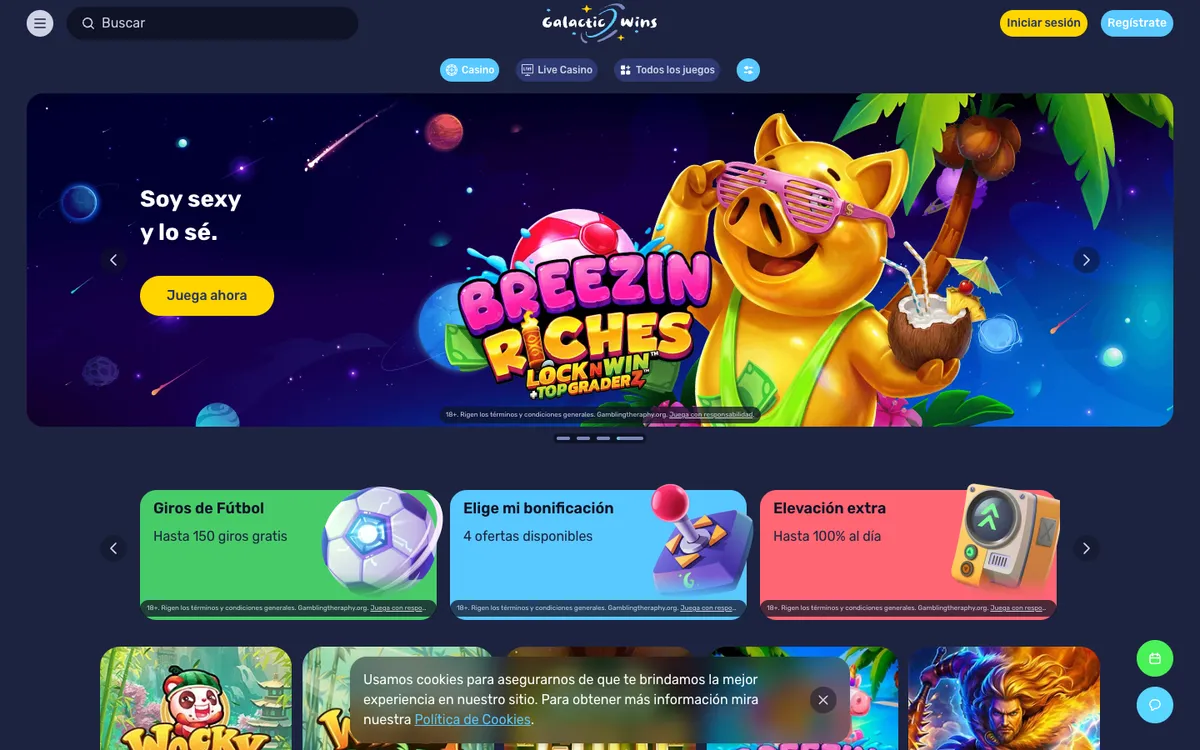 Galactic Wins Casino — Home page, captured from Spain