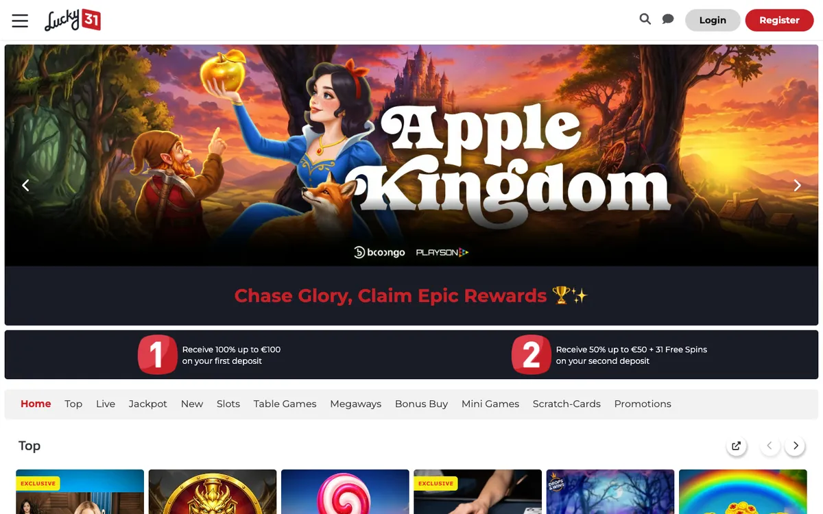 Lucky 31 Casino — Home page, captured from United Kingdom