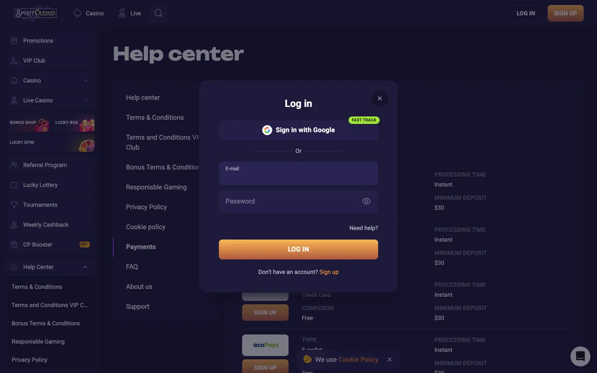 Spirit Casino — Sign-up, captured from Canada