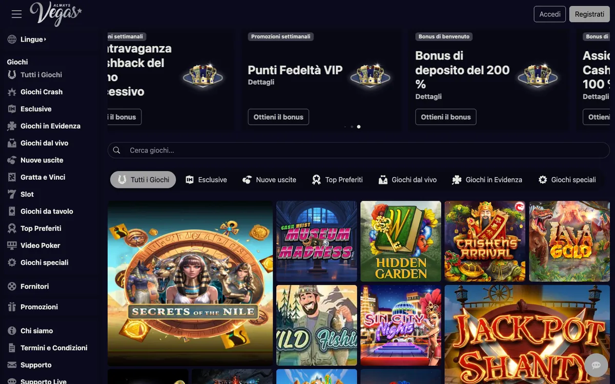 Always Vegas Casino — Home page, captured from Italy