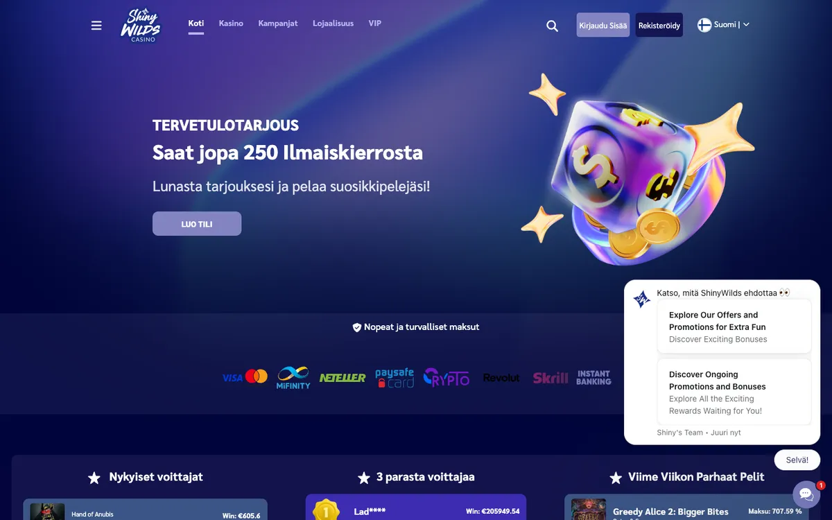 ShinyWilds Casino — Home page, captured from Finland