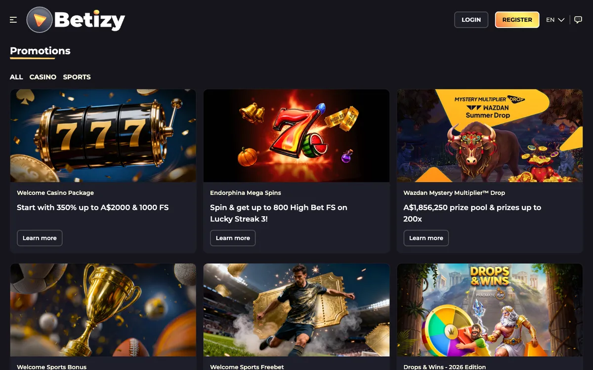 Betizy Casino — Promotions, captured from Australia
