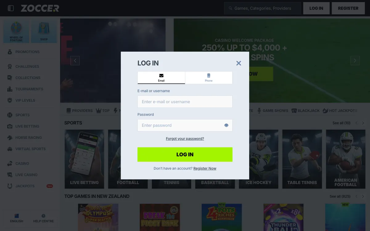 Zoccer Casino — Sign-up, captured from New Zealand