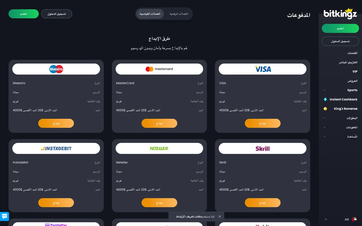 Bitkingz Casino — Payments, captured from United Arab Emirates