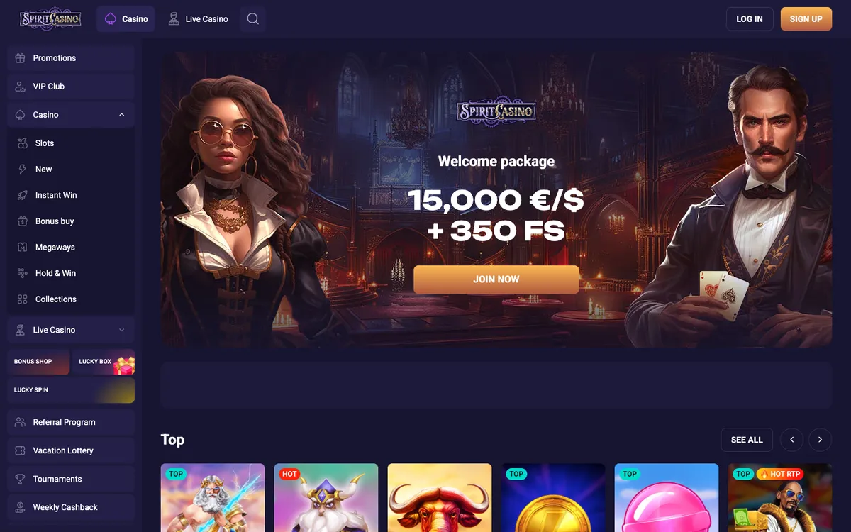 Spirit Casino — Home page, captured from Japan