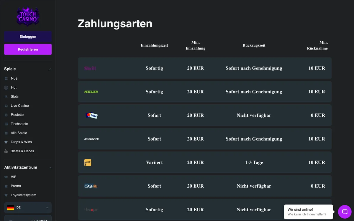 Touch Casino — Payments, captured from Germany