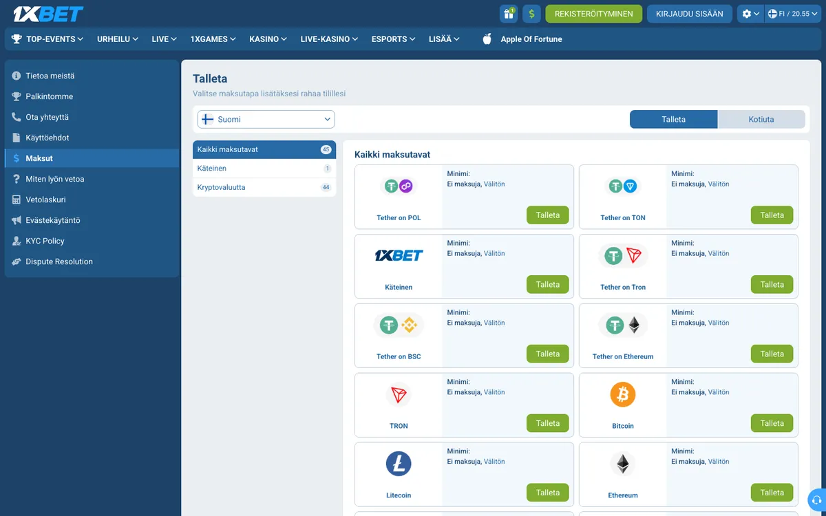 1xBet Casino — Payments, captured from Finland