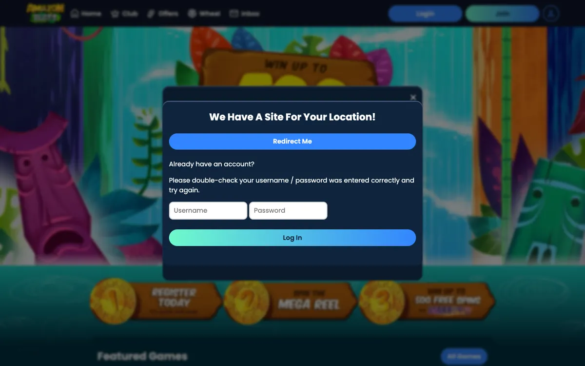 Amazon Slots Casino — Sign-up, captured from Canada