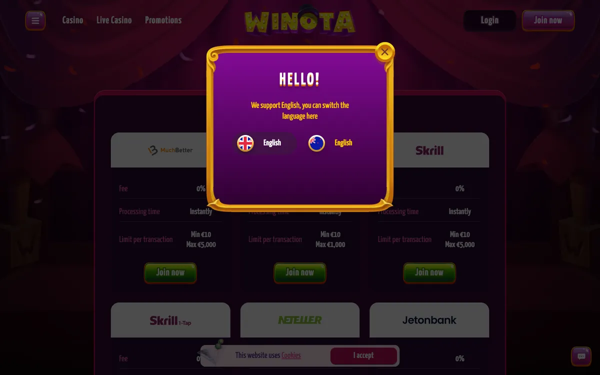 Winota Casino — Payments, captured from New Zealand