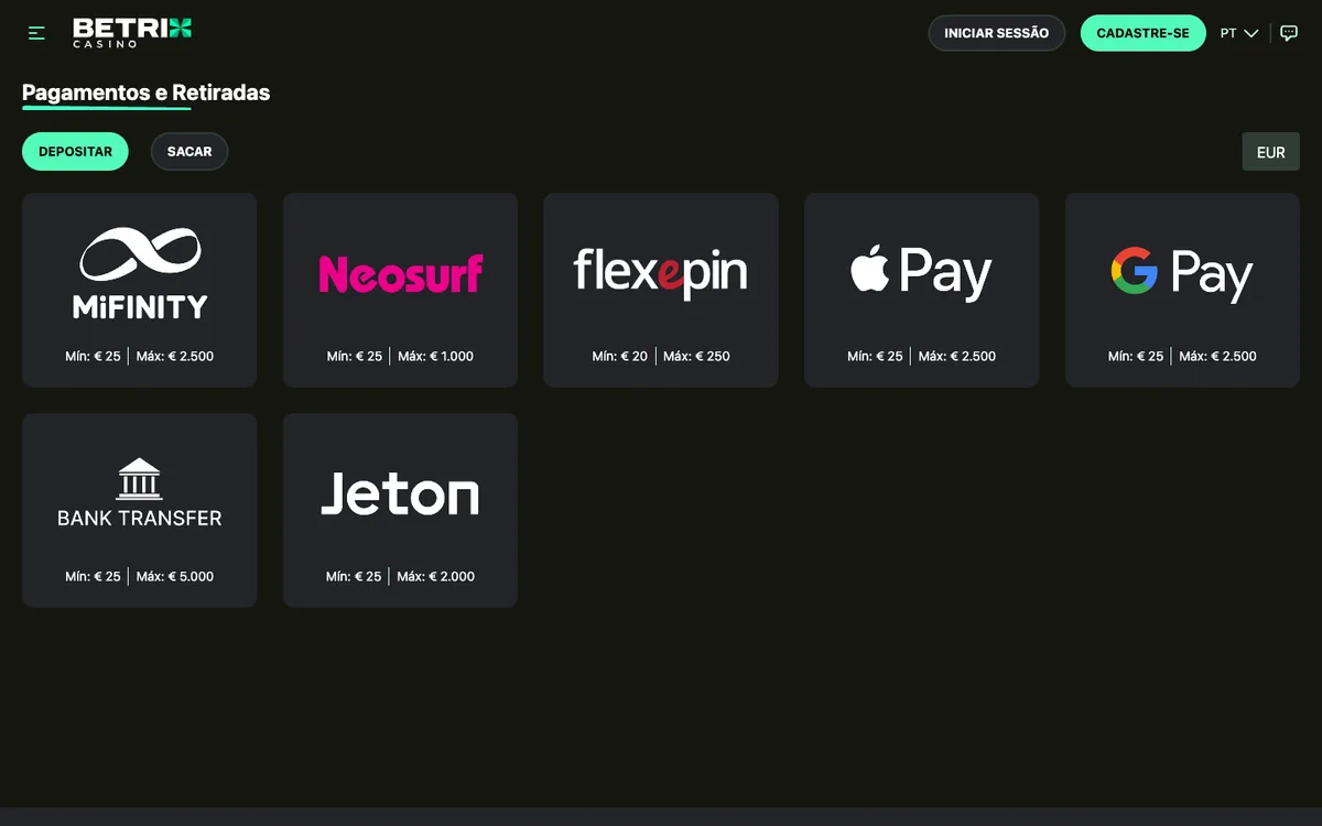Betrix Casino — Payments, captured from Brazil