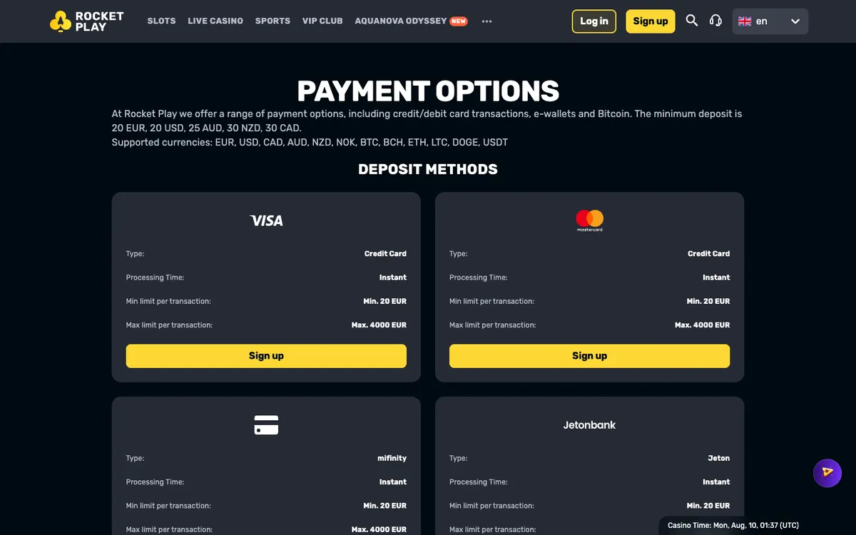 RocketPlay Casino — Payments, captured from Germany