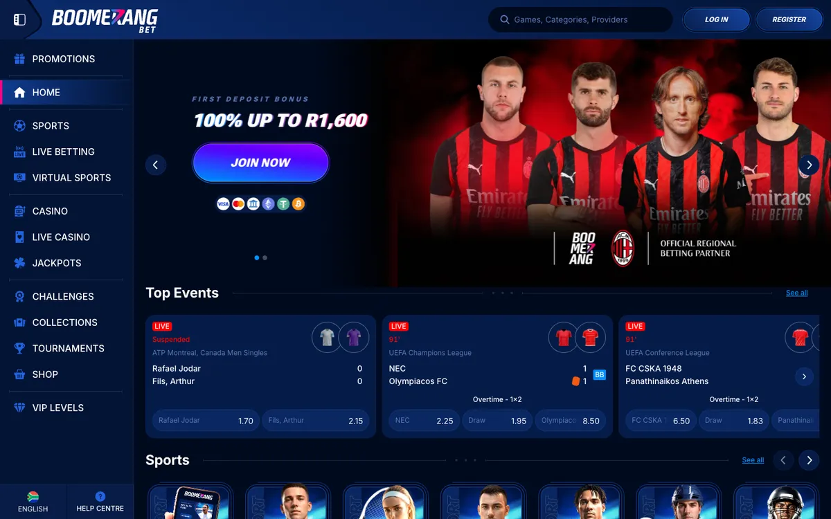 Boomerang-bet Casino — Home page, captured from South Africa