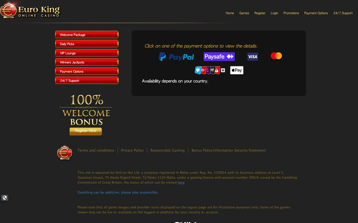 EuroKing Casino — Payments, captured from United Kingdom