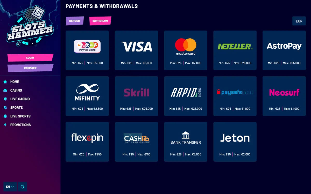 Slots Hammer Casino — Payments, captured from Portugal