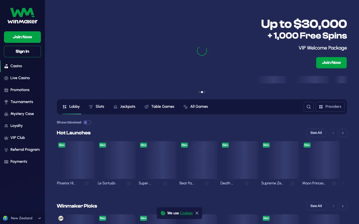 Winmaker Casino — Home page, captured from New Zealand