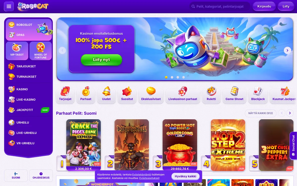 RoboCat Casino — «Главная», снято из страны Финляндия