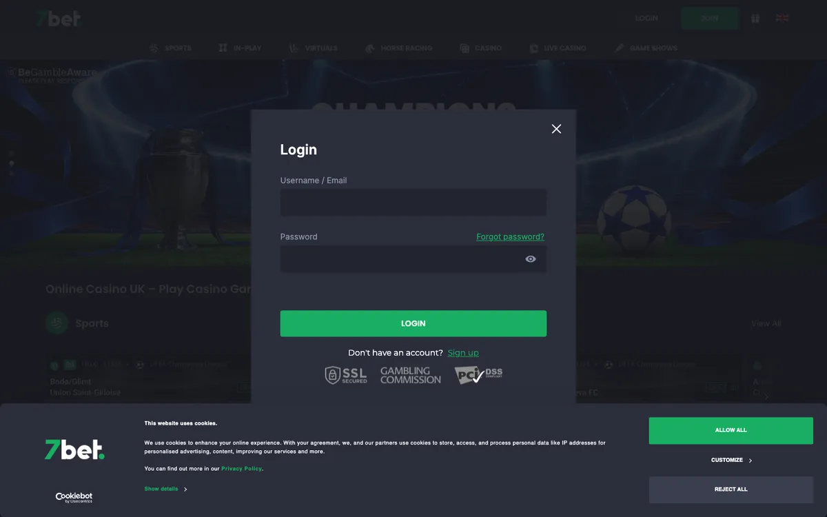 7bet Casino — Sign-up, captured from United Kingdom