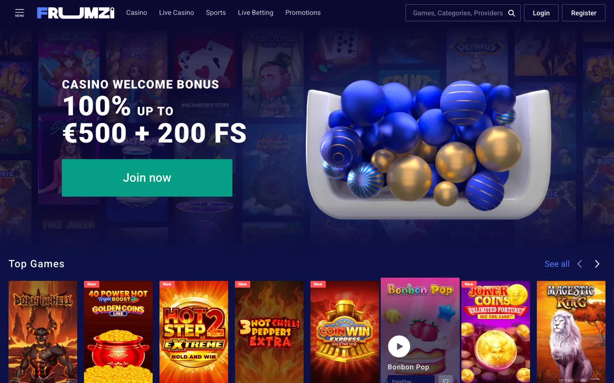 Frumzi Casino — «Главная», снято из страны Канада