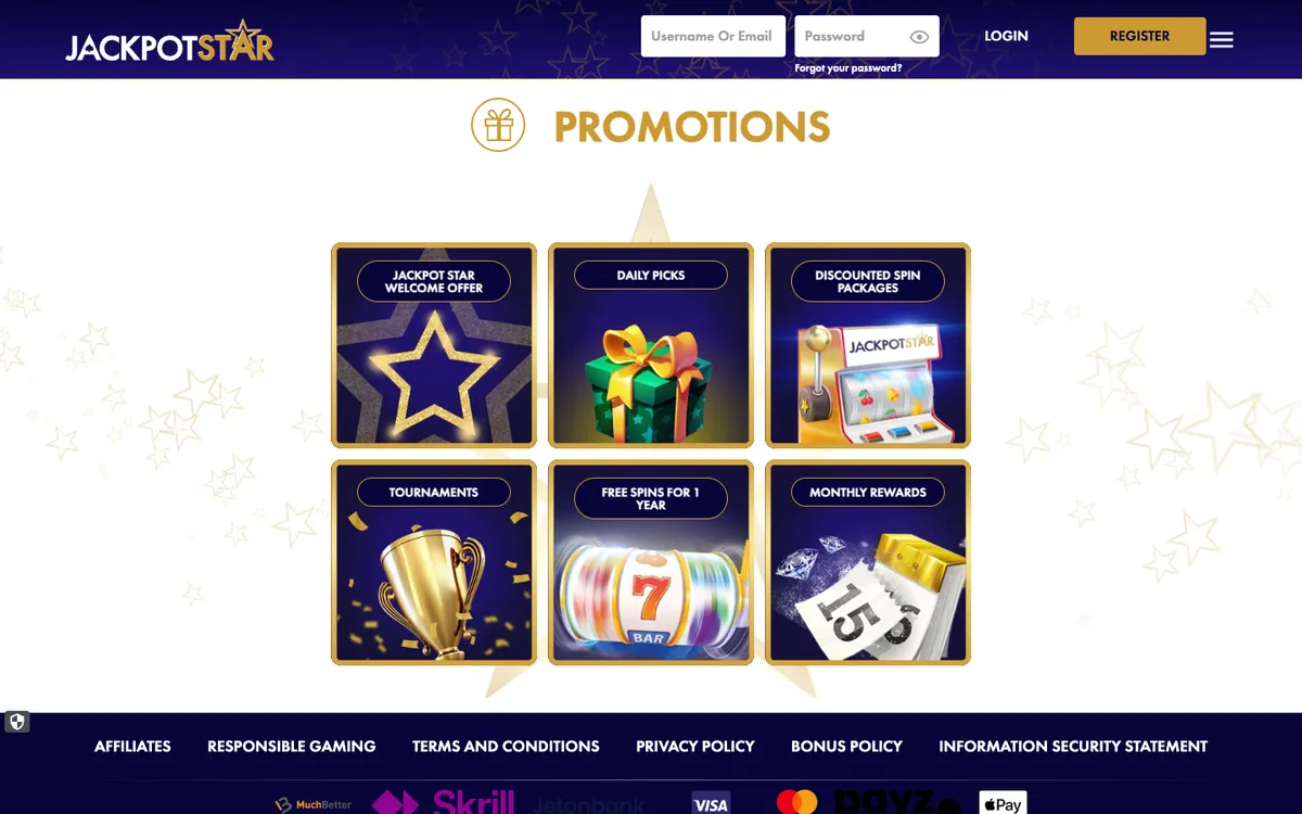 Jackpot Star Casino — «Акции», снято из страны Южно-Африканская Республика