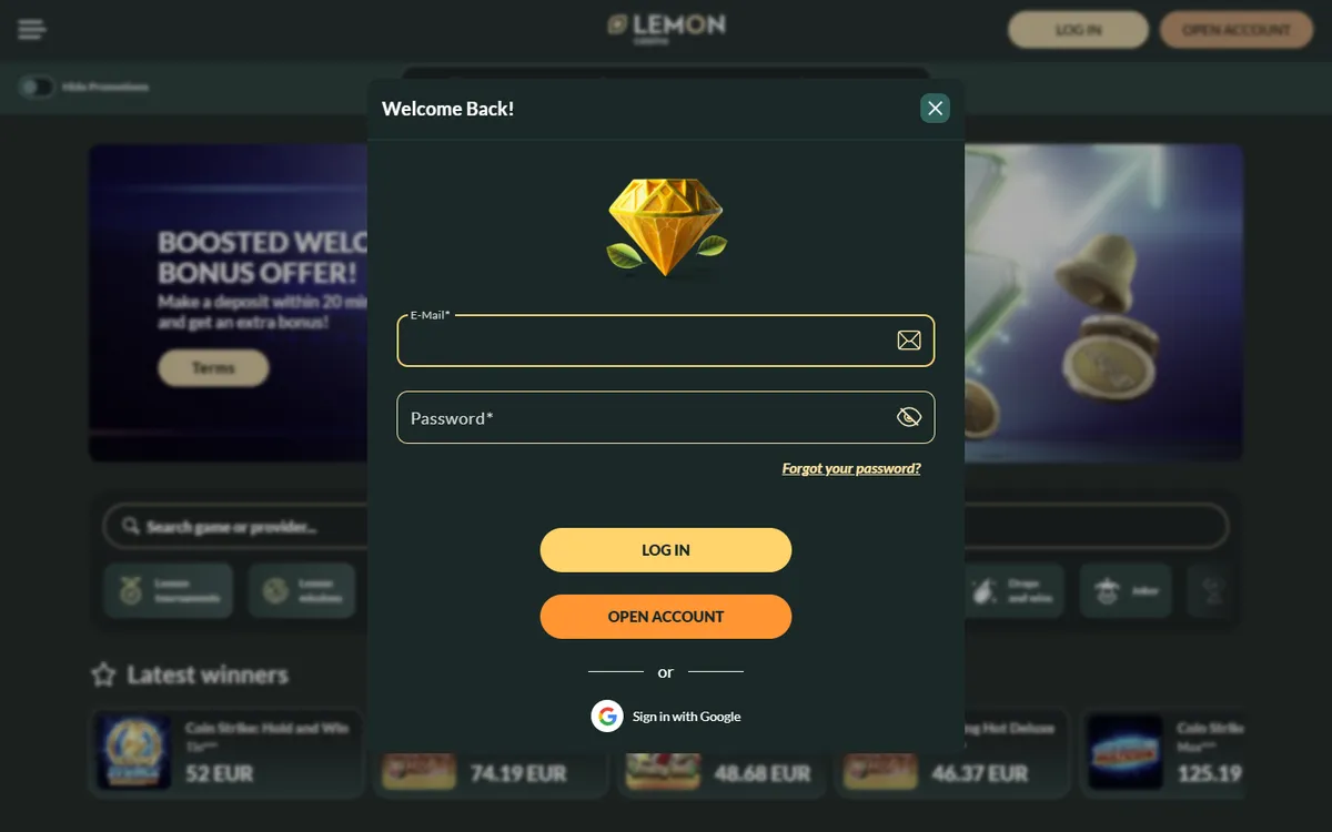 Lemon Casino — «Регистрация», снято из страны Канада