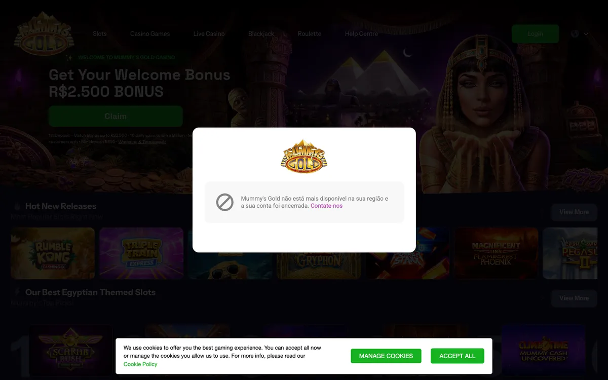 Mummy's Gold Casino — Home page, captured from Brazil