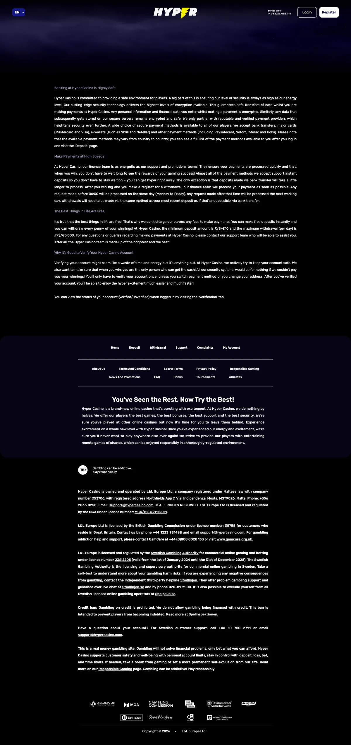 Hyper Casino — «Платежи», снято из страны Канада