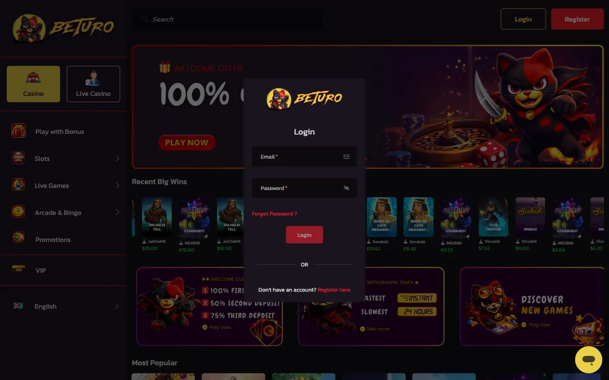 Beturo Casino — Sign-up, captured from Austria