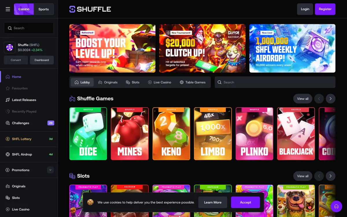 Shuffle Casino — Home page, captured from Belgium