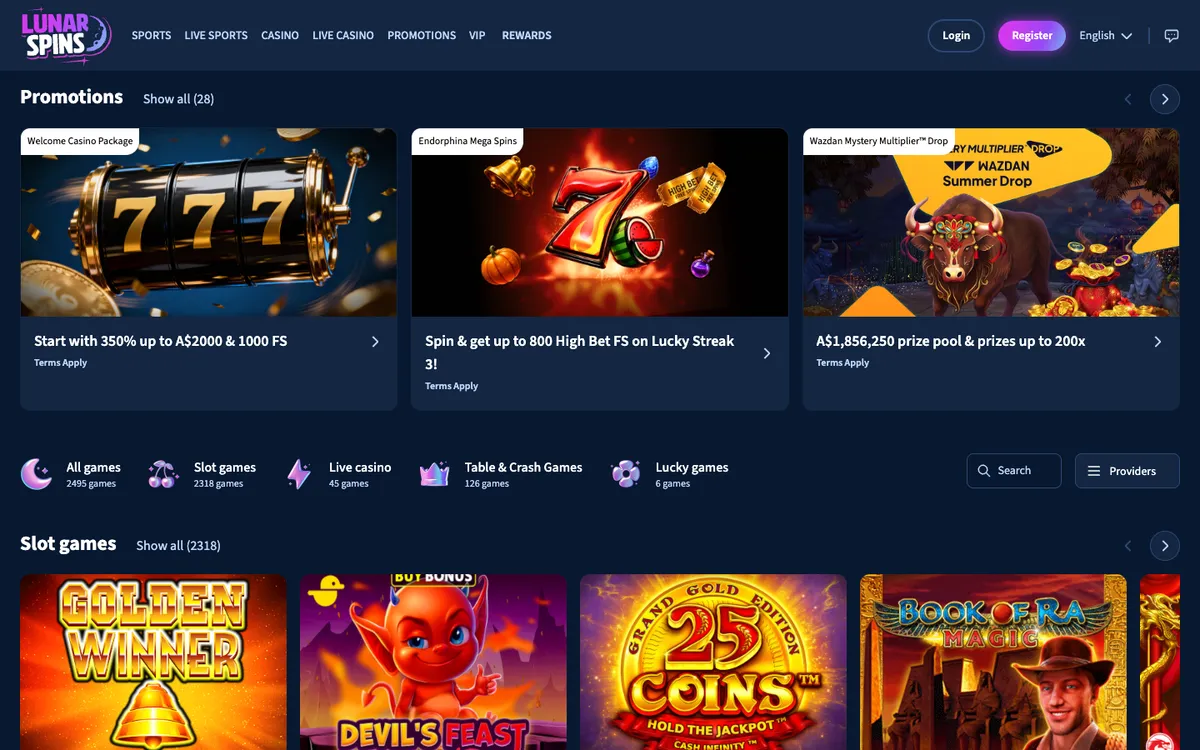 Lunarspins Casino — Home page, captured from Australia